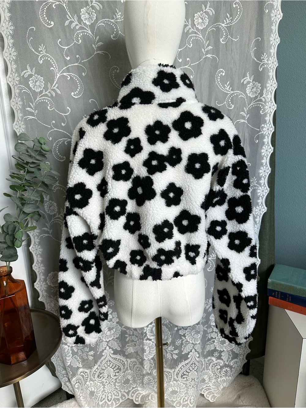 HYFVE Black and White Floral Sherpa Bomber Jacket - Picture 3 of 5